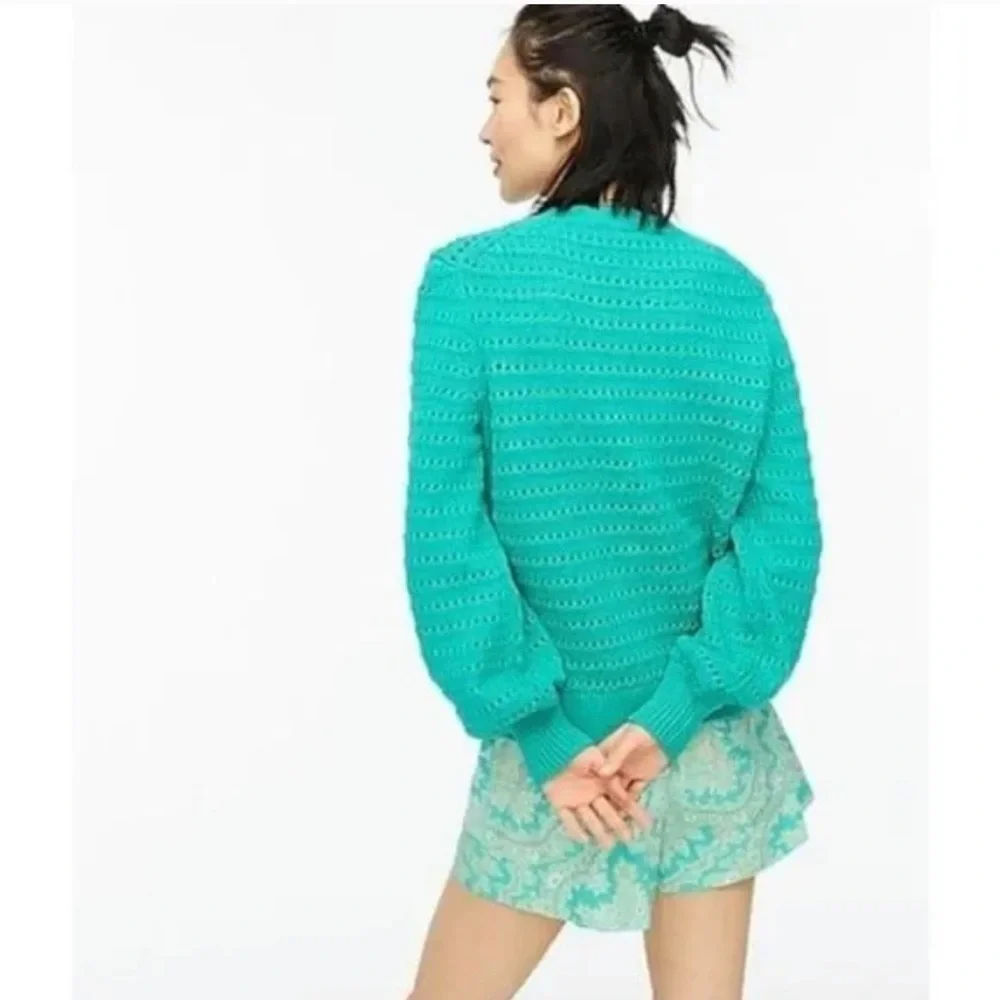 J. Crew Balloon Sleeve Pointelle Crew Neck Pullover Sweater Size Medium - Picture 2 of 7